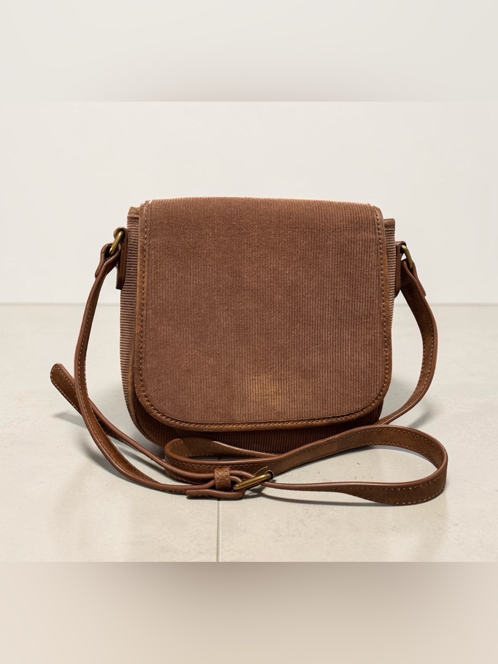 Brandy Melville Brown Corduroy & Leather Crossbody Bag
